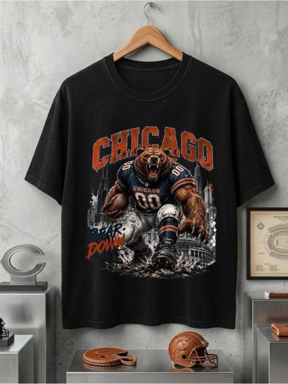 Vintage Black Tee with Orange Chicago Bear Football Graphic